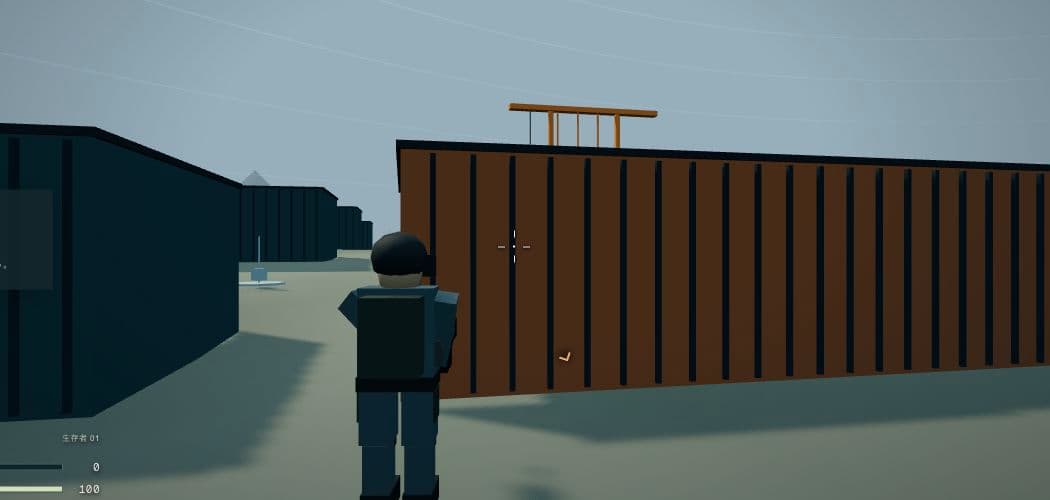 LAST SIGNALの実プレイ。銃を装備したプレイヤーが港のコンテナを遮蔽物にしている